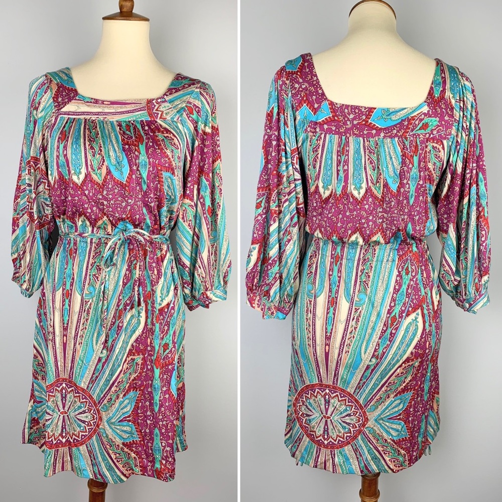 NIEVES LAVI Silk Dress Paisley 3/4 Sleeve Pink Aqua 4